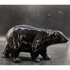 Vintage Studio Art Pottery Black Bear Figurine Matte Face Signed JJ 9"